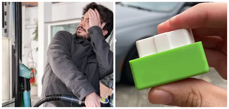 2 pics showing an anxious man fueling up and close up of Fuel Save Pro