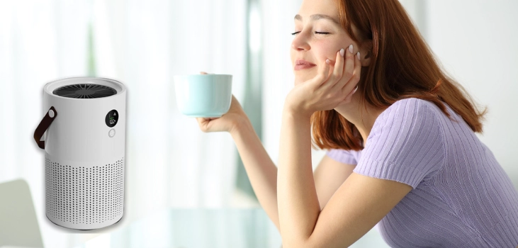 woman enjoying her morning coffee with proton pure to provide freshness