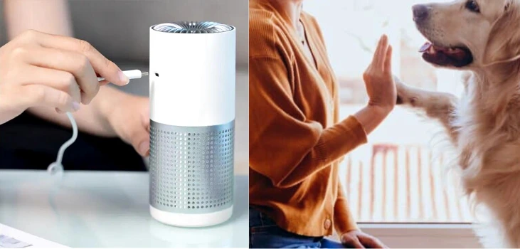 lady connects Blast Auxiliary Premium HEPA Air Cleaner and gives high 5 to dog